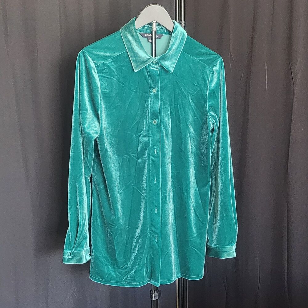 CHADWICKS OF BOSTON Vintage Teal Velvet Button Down Shirt Blouse Womens Size M